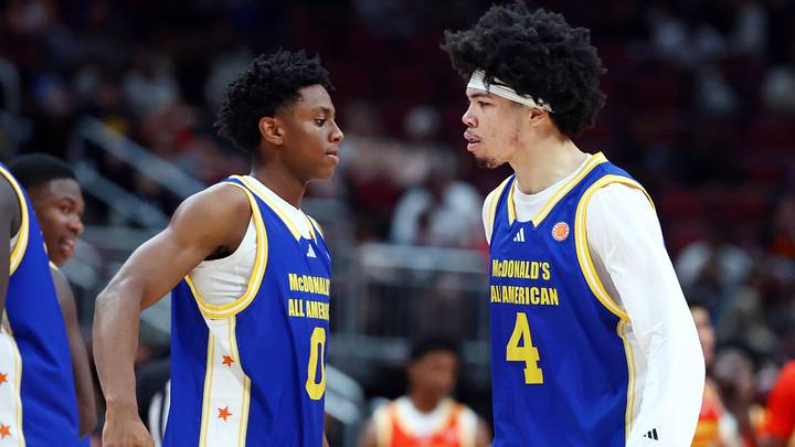 Mar 31, 2026; Glendale, AZ, USA; Tyran Stokes (4) with Brandon McCoy Jr (0) during the McDonalds All American Boys Game at Desert Diamond Arena. Mandatory Credit: Mark J. Rebilas-Imagn Images Mar 31, 2026; Glendale, AZ, USA; Tyran Stokes (4) with Brandon McCoy Jr (0) during the McDonalds All American Boys Game at Desert Diamond Arena. Mandatory Credit: Mark J. Rebilas-Imagn Images