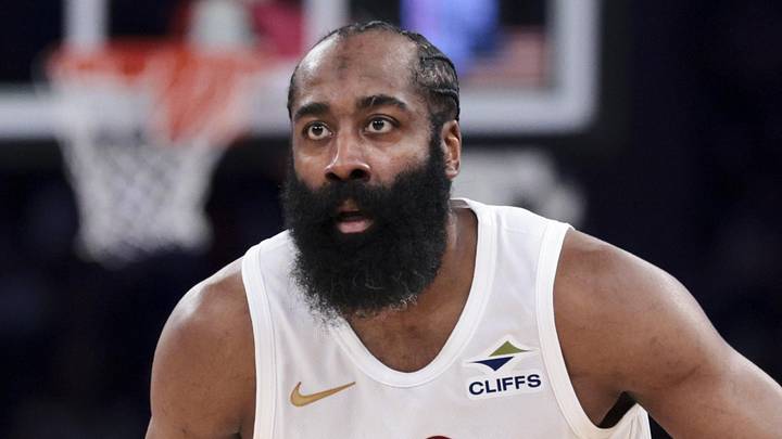 May 21, 2026; New York, New York, USA; Cleveland Cavaliers guard James Harden (1) controls the ball against the New York Knicks during the second quarter of game two of the eastern conference finals of the 2026 NBA playoffs at Madison Square Garden. Mandatory Credit: Vincent Carchietta-Imagn Images