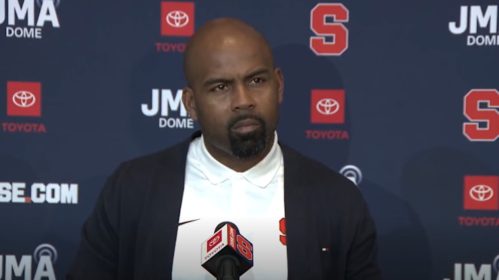November 3, 2025; Syracuse, New York, USA; Syracuse coach Fran Brown addresses the media at his weekly news conference at the John A. Lally Athletics Complex. Mandatory Credit: Screen shot courtesy Syracuse University Athletic Communications 