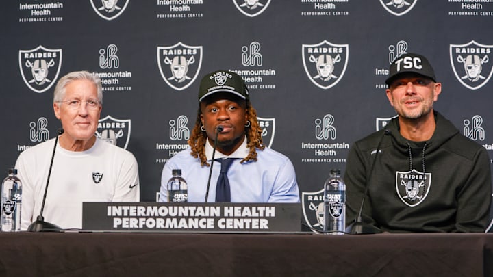 Pete Carroll, Ashton Jeanty, John Spytek Las Vegas Raiders