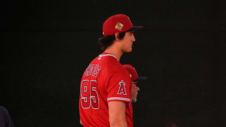 Feb 11, 2026; Tempe, AZ, USA;  Los Angeles Angels pitcher Chase Shores during pitchers and catchers workouts at Tempe Diablo Stadium in Tempe Arizona. Mandatory Credit: Arianna Grainey-Imagn Images