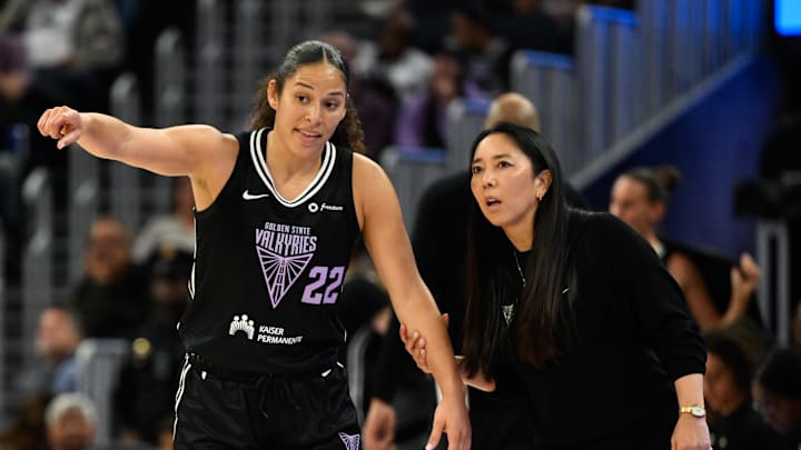 Jun 14, 2025; San Francisco, California, USA; Golden State Valkyries head coach Natalie Nakase talks to guard Veronica Burton (22) in the third quarter at Chase Center. Mandatory Credit: Eakin Howard-Imagn Images