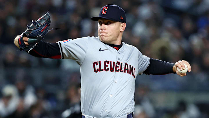 Oct 15, 2024; Bronx, New York, USA; Cleveland Guardians pitcher Erik Sabrowski (62) pitches during the sixth inning against the New York Yankees in game two of the ALCS for the 2024 MLB Playoffs at Yankee Stadium. Mandatory Credit: Wendell Cruz-Imagn Images Oct 15, 2024; Bronx, New York, USA; Cleveland Guardians pitcher Erik Sabrowski (62) pitches during the sixth inning against the New York Yankees in game two of the ALCS for the 2024 MLB Playoffs at Yankee Stadium. Mandatory Credit: Wendell Cruz-Imagn Images
