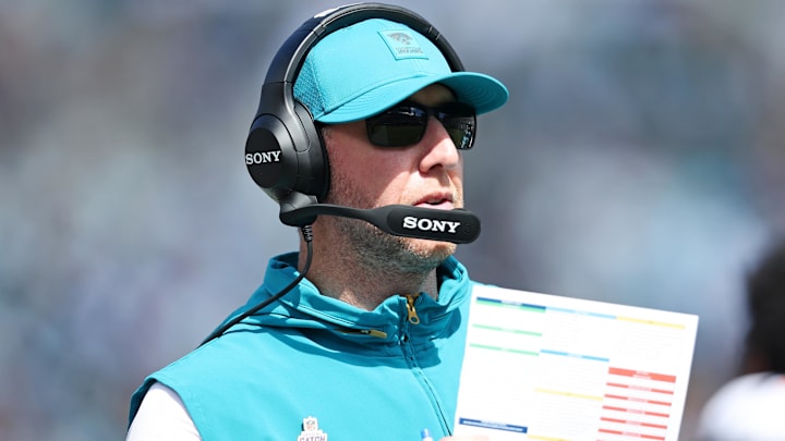 Oct 12, 2025; Jacksonville, Florida, USA; Jacksonville Jaguars head coach Liam Coen looks on during the first half against the Seattle Seahawks at EverBank Stadium. Mandatory Credit: Morgan Tencza-Imagn Images