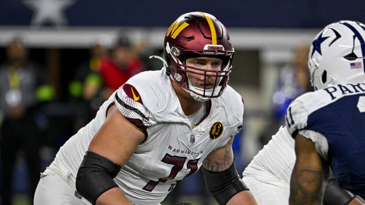 Nov 23, 2023; Arlington, Texas, USA; Washington Commanders guard Andrew Wylie (71) and Dallas Cowboys linebacker Micah Parsons (11) in action during the game between the Dallas Cowboys and the Washington Commanders at AT&T Stadium. Mandatory Credit: Jerome Miron-USA TODAY Sports