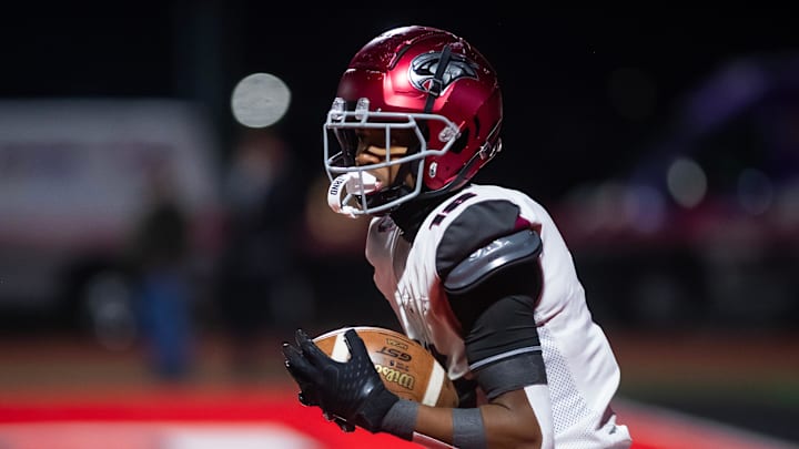 St. Joseph's Prep wide receiver Jett Harrison catches a pass in the end zone to score an 19-yard touchdown reception in the first half of the PIAA Class 6A football championship game against Central Catholic at Cumberland Valley High School, Saturday, Dec. 7, 2024, in Silver Spring Township, Pa.