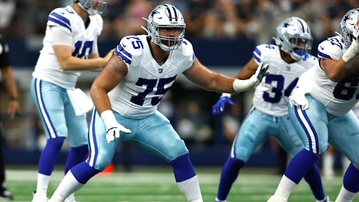 Aug 12, 2023; Arlington, Texas, USA; Dallas Cowboys offensive tackle Josh Ball (75) in game action