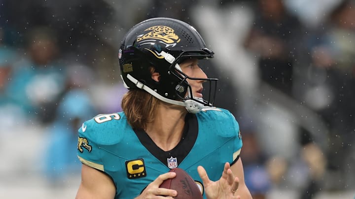 Dec 7, 2025; Jacksonville, Florida, USA;  Jacksonville Jaguars quarterback Trevor Lawrence (16) stands in the pocket against the Indianapolis Colts during the first half at EverBank Stadium. Mandatory Credit: Matt Pendleton-Imagn Images