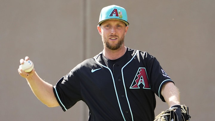 Arizona Diamondbacks pitcher Merrill Kelly (29) during spring training workouts on Feb. 10, 2026, at Salt River Fields in Scottsdale.