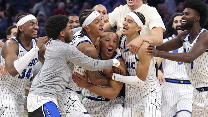 Nov 10, 2025; Orlando, Florida, USA; Orlando Magic guard Desmond Bane (3) celebrates with forward Paolo Banchero (5) after making a game wing basket against the Portland Trail Blazers in the fourth quarter at Kia Center. Mandatory Credit: Nathan Ray Seebeck-Imagn Images Nov 10, 2025; Orlando, Florida, USA; Orlando Magic guard Desmond Bane (3) celebrates with forward Paolo Banchero (5) after making a game wing basket against the Portland Trail Blazers in the fourth quarter at Kia Center. Mandatory Credit: Nathan Ray Seebeck-Imagn Images