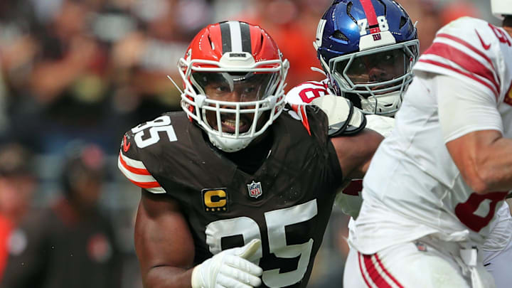 Cleveland Browns defensive end Myles Garrett closes in on New York Giants quarterback Daniel Jones during the second half at Huntington Bank Field, Sunday, Sept. 22, 2024, in Cleveland.