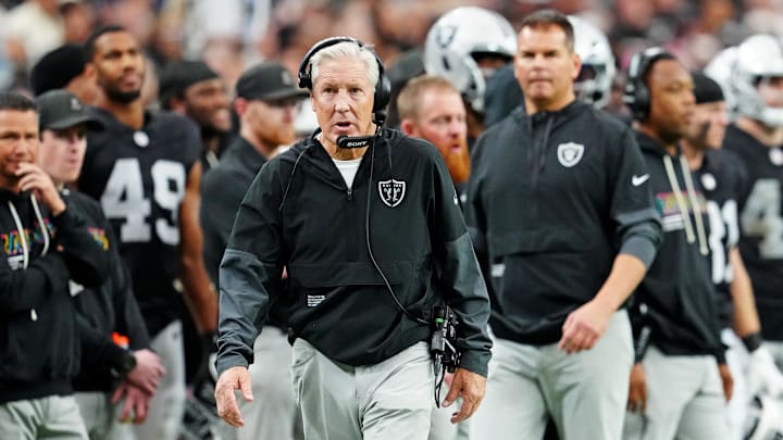 Oct 12, 2025; Paradise, Nevada, USA; Las Vegas Raiders head coach Pete Carroll reacts on the sidelines during the second half against the Tennessee Titans at Allegiant Stadium. Mandatory Credit: Stephen R. Sylvanie-Imagn Images