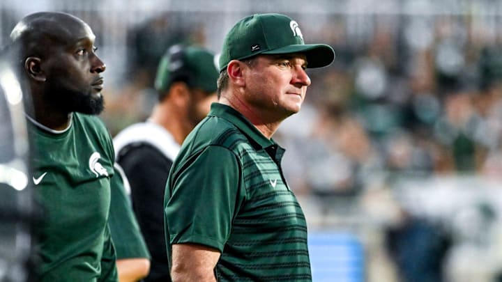 Michigan State's head coach Jonathan Smith looks on on the game against Florida Atlantic during the second quarter on Friday, Aug. 30, 2024, at Spartan Stadium in East Lansing.