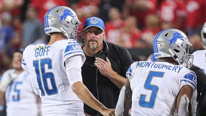 Detroit Lions quarterback Jared Goff (16) talks to head coach Dan Campbell Detroit Lions quarterback Jared Goff (16) talks to head coach Dan Campbell