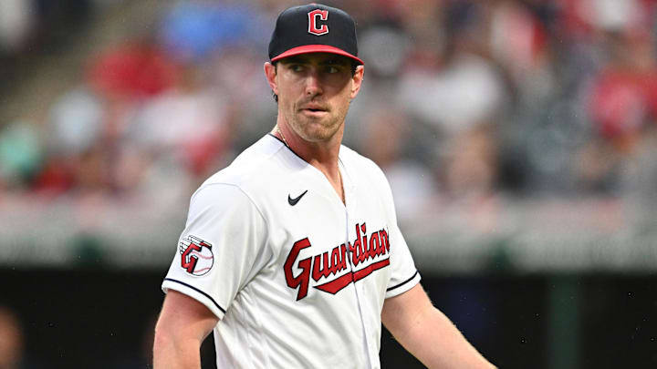 Jun 23, 2023; Cleveland, Ohio, USA; Cleveland Guardians starting pitcher Shane Bieber (57) walks off the field after giving up a three run home run during the sixth inning against the Milwaukee Brewers at Progressive Field. Mandatory Credit: Ken Blaze-Imagn Images