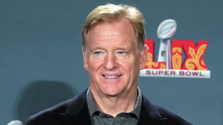 NFL commissioner Roger Goodell speaks at the Super Bowl LIX post-game celebration.