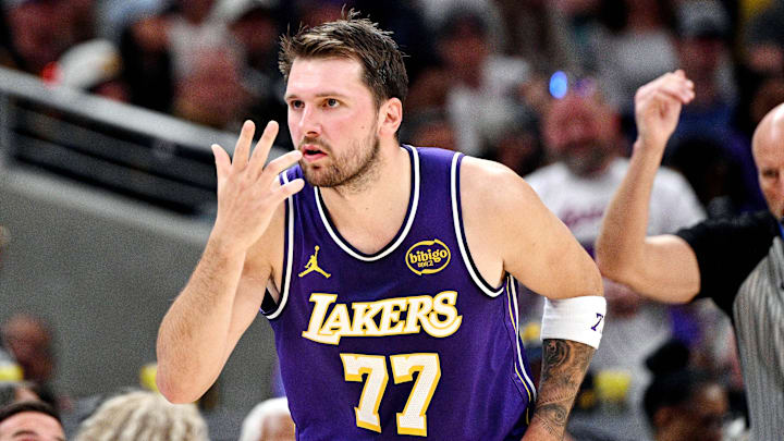 Mar 25, 2026; Indianapolis, Indiana, USA; Los Angeles Lakers guard Luka Doncic (77) celebrates a three point shot during the second quarter against the Indiana Pacers at Gainbridge Fieldhouse. Mandatory Credit: Marc Lebryk-Imagn Images Mar 25, 2026; Indianapolis, Indiana, USA; Los Angeles Lakers guard Luka Doncic (77) celebrates a three point shot during the second quarter against the Indiana Pacers at Gainbridge Fieldhouse. Mandatory Credit: Marc Lebryk-Imagn Images