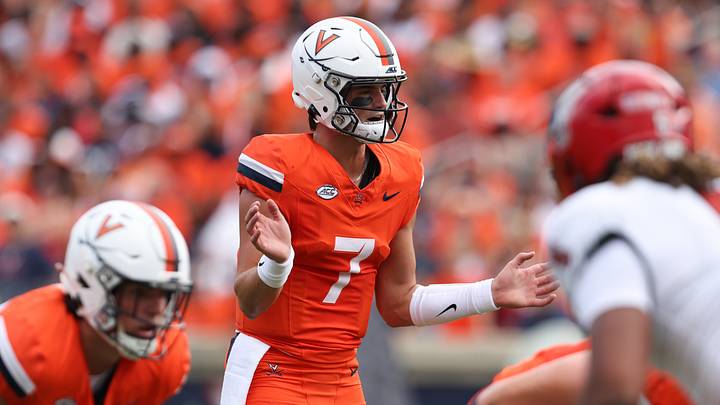Aug 29, 2026; Charlottesville, Virginia, USA; Virginia Cavaliers quarterback Beau Pribula (7) pre-snap during the first quarter against the North Carolina State Wolfpack at Scott Stadium. Mandatory Credit: Greg Atkins-Imagn Images Aug 29, 2026; Charlottesville, Virginia, USA; Virginia Cavaliers quarterback Beau Pribula (7) pre-snap during the first quarter against the North Carolina State Wolfpack at Scott Stadium. Mandatory Credit: Greg Atkins-Imagn Images