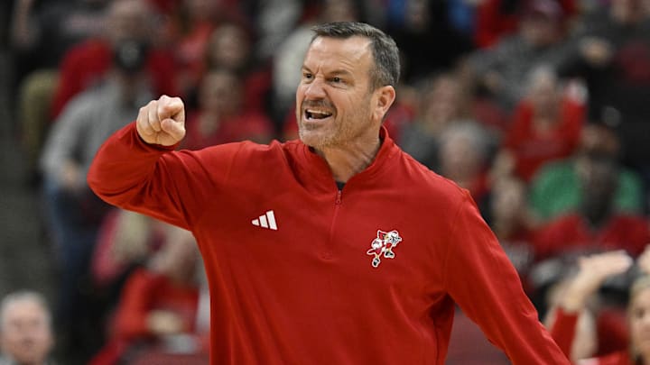 Mar 1, 2026; Louisville, Kentucky, USA;  Louisville Cardinals head coach Jeff Walz reacts to a call during the second half against the Notre Dame Fighting Irish at KFC Yum! Center. Notre Dame defeated Louisville 65-62. Mandatory Credit: Jamie Rhodes-Imagn Images