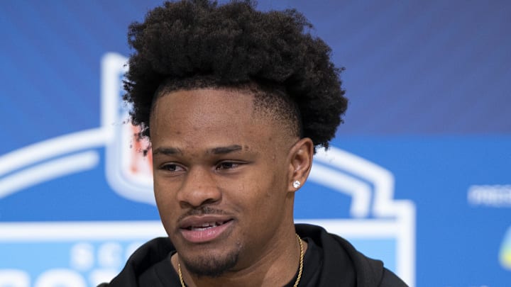 Feb 26, 2026; Indianapolis, IN, USA; Duke defensive back Chandler Rivers (DB28) speaks to members of the media during the NFL Combine at the Indiana Convention Center. Mandatory Credit: Jacob Musselman-Imagn Images Feb 26, 2026; Indianapolis, IN, USA; Duke defensive back Chandler Rivers (DB28) speaks to members of the media during the NFL Combine at the Indiana Convention Center. Mandatory Credit: Jacob Musselman-Imagn Images