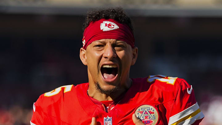 Nov 23, 2025; Kansas City, Missouri, USA; Kansas City Chiefs quarterback Patrick Mahomes (15) gets ready prior to a game against the Indianapolis Colts at GEHA Field at Arrowhead Stadium. Mandatory Credit: Jay Biggerstaff-Imagn Images