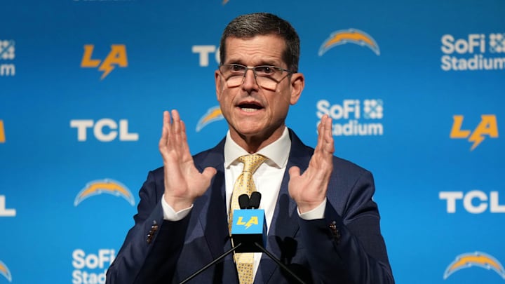 Feb 1, 2024; Inglewood, CA, USA; Los Angeles Chargers coach Jim Harbaugh speaks at an introductory