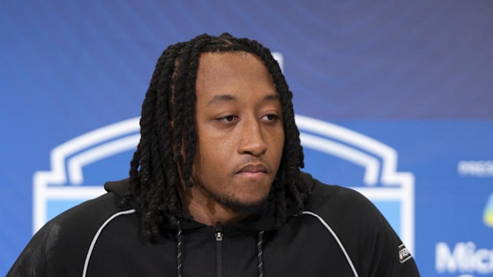 New Seattle Seahawks defensive back Julian Neal speaks to members of the media