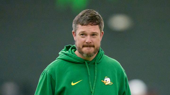 Oregon head coach Dan Lanning attends Oregon Pro Day on March 17, 2026, at the Moshofsky Center in Eugene, Oregon. Oregon head coach Dan Lanning attends Oregon Pro Day on March 17, 2026, at the Moshofsky Center in Eugene, Oregon.
