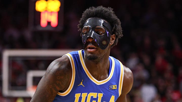 Jan 13, 2025; Piscataway, New Jersey, USA; UCLA Bruins guard Eric Dailey Jr. (3) dribbles during the first half against the Rutgers Scarlet Knights at Jersey Mike's Arena. Mandatory Credit: Vincent Carchietta-Imagn Images