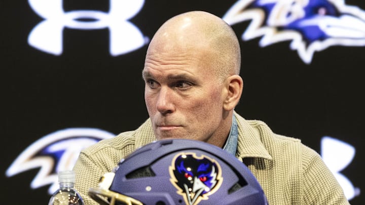 Jan 29, 2026; Owings Mills, MD, USA; Eric DeCosta during press conference at Under Armour Performance Center. Mandatory Credit: Lexi Thompson-Imagn Images Jan 29, 2026; Owings Mills, MD, USA; Eric DeCosta during press conference at Under Armour Performance Center. Mandatory Credit: Lexi Thompson-Imagn Images