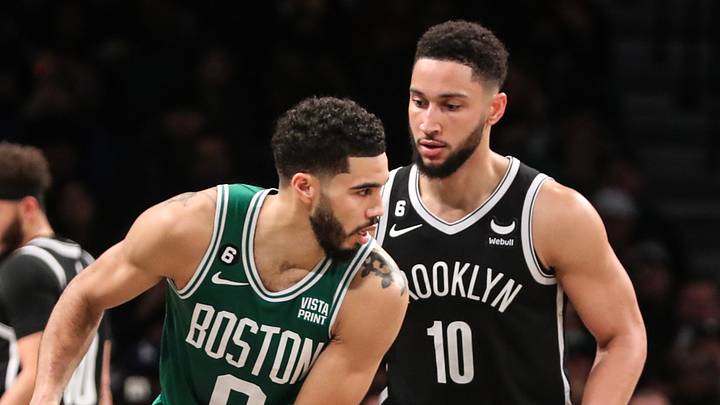 Jan 12, 2023; Brooklyn, New York, USA;  Boston Celtics forward Jayson Tatum (0) looks to post up against Brooklyn Nets guard Ben Simmons (10) in the third quarter at Barclays Center. Mandatory Credit: Wendell Cruz-USA TODAY Sports