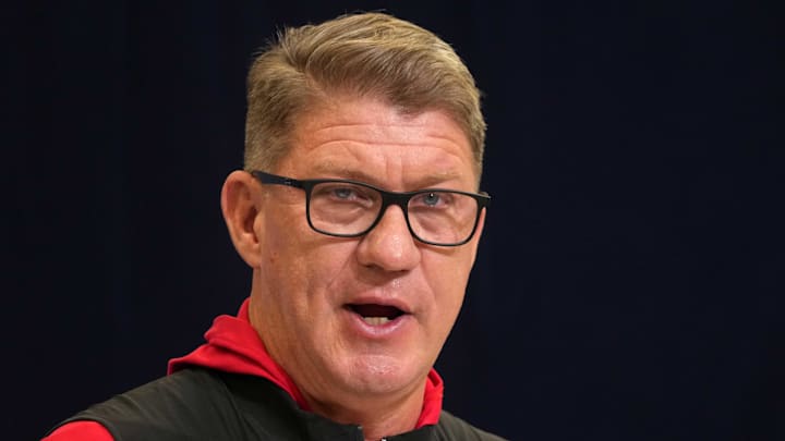 Feb 25, 2025; Indianapolis, IN, USA; Tampa Bay Buccaneers general manager Jason Licht speaks during the NFL Scouting Combine at the Indiana Convention Center. Mandatory Credit: Kirby Lee-Imagn Images