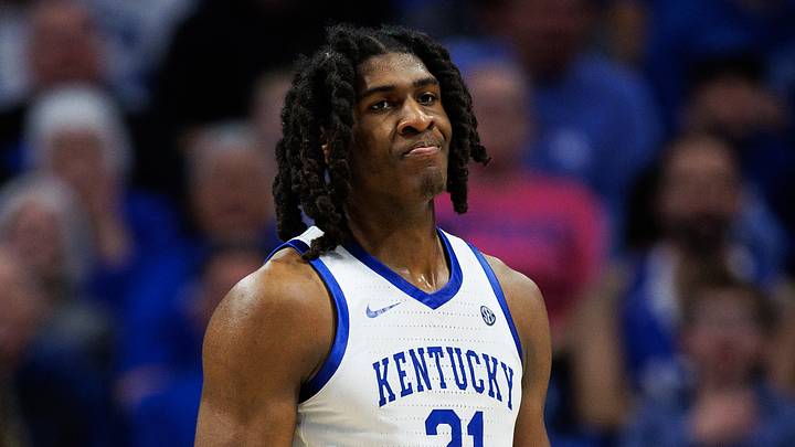 Jan 7, 2026; Lexington, Kentucky, USA; Kentucky Wildcats forward Jayden Quaintance (21) reacts after a play during the second half against the Missouri Tigers at Rupp Arena at Central Bank Center. Mandatory Credit: Jordan Prather-Imagn Images