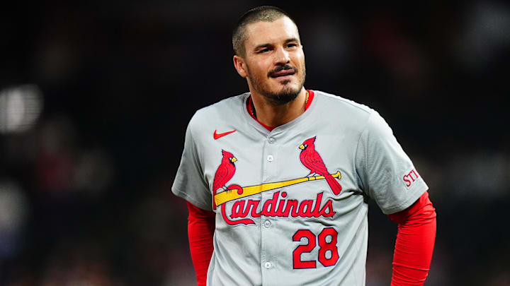 Sep 25, 2024; Denver, Colorado, USA; St. Louis Cardinals third base Nolan Arenado (28) reacts in the fourth inning against the Colorado Rockies at Coors Field