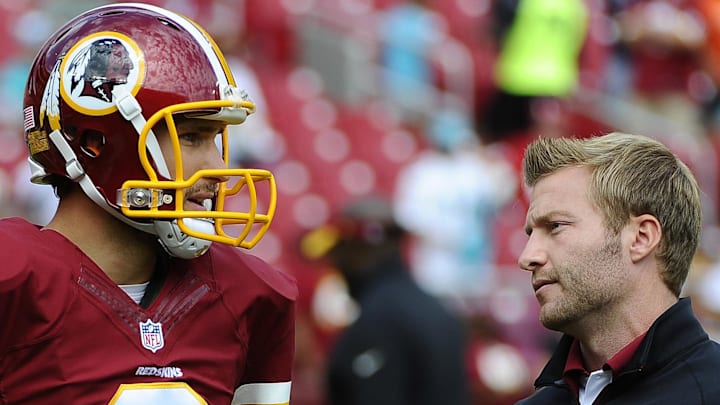 Sep 13, 2015; Landover, MD, USA; Washington Redskins quarterback Kirk Cousins (8) talks with Washington Redskins offensive coordinator Sean McVay. Mandatory Credit: Brad Mills-Imagn Images