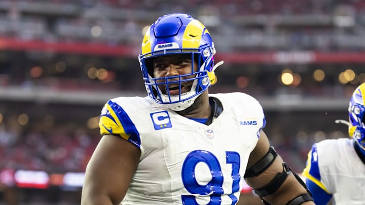 Dec 7, 2025; Glendale, Arizona, USA; Los Angeles Rams defensive end Kobie Turner (91) against the Arizona Cardinals at State Farm Stadium. Mandatory Credit: Mark J. Rebilas-Imagn Images Dec 7, 2025; Glendale, Arizona, USA; Los Angeles Rams defensive end Kobie Turner (91) against the Arizona Cardinals at State Farm Stadium. Mandatory Credit: Mark J. Rebilas-Imagn Images