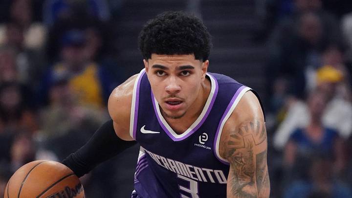 Apr 7, 2026; San Francisco, California, USA;  Sacramento Kings guard Killian Hayes (3) dribbles upcourt while defended by Golden State Warriors guard De'Anthony Melton (8) in the second quarter at Chase Center. Mandatory Credit: David Gonzales-Imagn Images