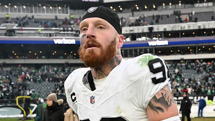 Dec 14, 2025; Philadelphia, Pennsylvania, USA; Las Vegas Raiders defensive end Maxx Crosby (98) on the field after loss to the Philadelphia Eagles at Lincoln Financial Field. Mandatory Credit: Eric Hartline-Imagn Images