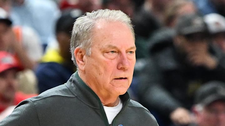 Mar 19, 2026; Buffalo, NY, USA; Michigan State Spartans head coach Tom Izzo looks on during the second half against the North Dakota State Bison during a first round game of the men's 2026 NCAA Tournament at Keybank Center.