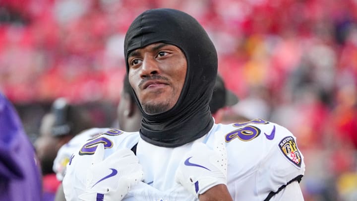 Sep 28, 2025; Kansas City, Missouri, USA; Baltimore Ravens tight end Isaiah Likely (80) on the sidelines against the Baltimore Ravens during the game at GEHA Field at Arrowhead Stadium.  