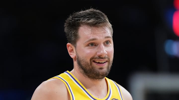 Los Angeles Lakers guard Luka Doncic (77) reacts against the Indiana Pacers in the second half at Crypto.com Arena on Mar 16, 2026. Los Angeles Lakers guard Luka Doncic (77) reacts against the Indiana Pacers in the second half at Crypto.com Arena on Mar 16, 2026.