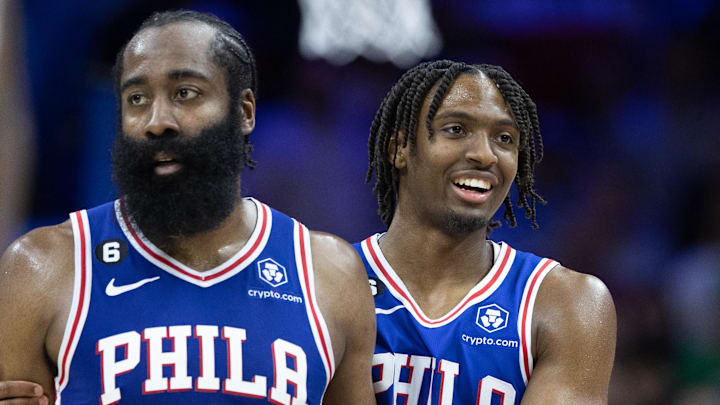 Apr 4, 2023; Philadelphia, Pennsylvania, USA; Philadelphia 76ers guard Tyrese Maxey (0) celebrates with Philadelphia 76ers guard James Harden (1) after a score against the Boston Celtics during the fourth quarter at Wells Fargo Center. Mandatory Credit: Bill Streicher-Imagn Images Apr 4, 2023; Philadelphia, Pennsylvania, USA; Philadelphia 76ers guard Tyrese Maxey (0) celebrates with Philadelphia 76ers guard James Harden (1) after a score against the Boston Celtics during the fourth quarter at Wells Fargo Center. Mandatory Credit: Bill Streicher-Imagn Images