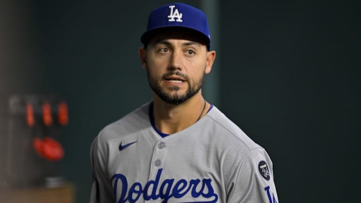Apr 20, 2025; Arlington, Texas, USA; Los Angeles Dodgers left fielder Michael Conforto (23) looks on during the game between the Texas Rangers and the Los Angeles Dodgers at Globe Life Field. Mandatory Credit: Jerome Miron-Imagn Images