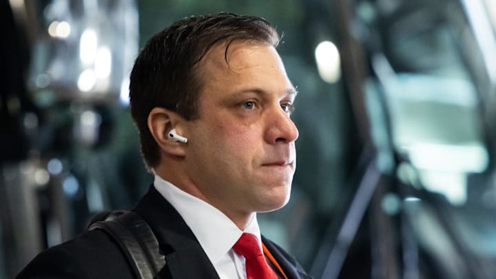Feb 11, 2024; Paradise, Nevada, USA; Kansas City Chiefs general manager Brett Veach arrives before Super Bowl LVIII against the San Francisco 49ers at Allegiant Stadium. Mandatory Credit: Mark J. Rebilas-USA TODAY Sports