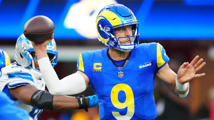 Dec 14, 2025; Inglewood, California, USA; Los Angeles Rams quarterback Matthew Stafford (9) throws a pass during the third quarter against the Detroit Lions at SoFi Stadium. Mandatory Credit: Kirby Lee-Imagn Images