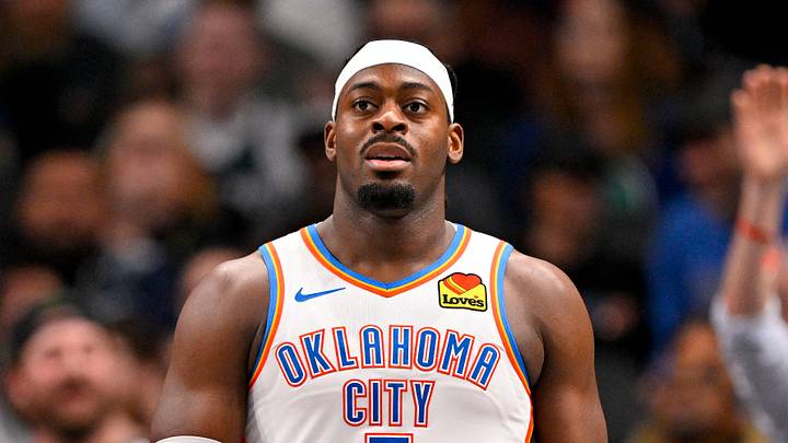 Jan 17, 2025; Dallas, Texas, USA; Oklahoma City Thunder guard Luguentz Dort (5) reacts to receiving a technical foul during the second quarter against the Dallas Mavericks at the American Airlines Center. Mandatory Credit: Jerome Miron-Imagn Images