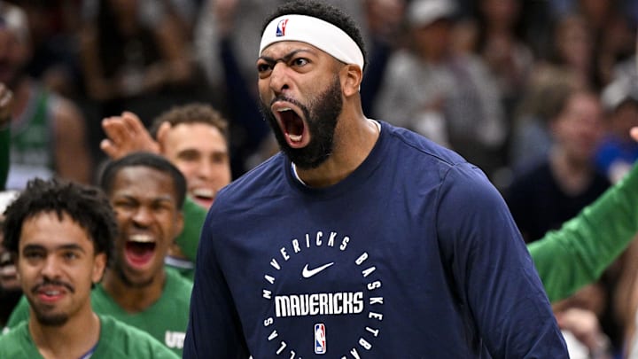 Oct 26, 2025; Dallas, Texas, USA; Dallas Mavericks forward Anthony Davis (3) celebrates during the game between the Mavericks and the Raptors at the American Airlines Center. Mandatory Credit: Jerome Miron-Imagn Images