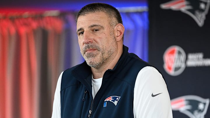 Mar 13, 2025; Foxborough, MA, USA; New England Patriots head coach Mike Vrabel discusses the teamís recent free agent additions with the media at Gillette Stadium. Mandatory Credit: Eric Canha-Imagn Images