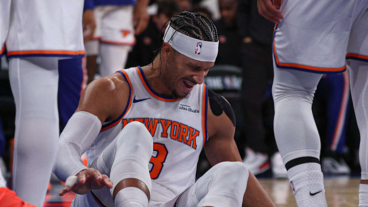 Dec 25, 2025; New York, New York, USA; New York Knicks guard Josh Hart (3) reacts after being fouled during the second half against the Cleveland Cavaliers at Madison Square Garden. Josh Hart would leave the game after the play. Mandatory Credit: Vincent Carchietta-Imagn Images Dec 25, 2025; New York, New York, USA; New York Knicks guard Josh Hart (3) reacts after being fouled during the second half against the Cleveland Cavaliers at Madison Square Garden. Josh Hart would leave the game after the play. Mandatory Credit: Vincent Carchietta-Imagn Images