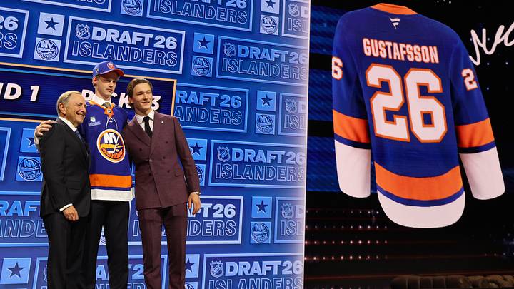 Jun 26, 2026; Buffalo, New York, USA; Malte Gustafsson reacts beside NHL commissioner Gary Bettman and New York Islanders player Matthew Schaefer after being selected with the thirteenth pick in the first round of the 2026 NHL Draft by the Islanders at KeyBank Center. Jun 26, 2026; Buffalo, New York, USA; Malte Gustafsson reacts beside NHL commissioner Gary Bettman and New York Islanders player Matthew Schaefer after being selected with the thirteenth pick in the first round of the 2026 NHL Draft by the Islanders at KeyBank Center.